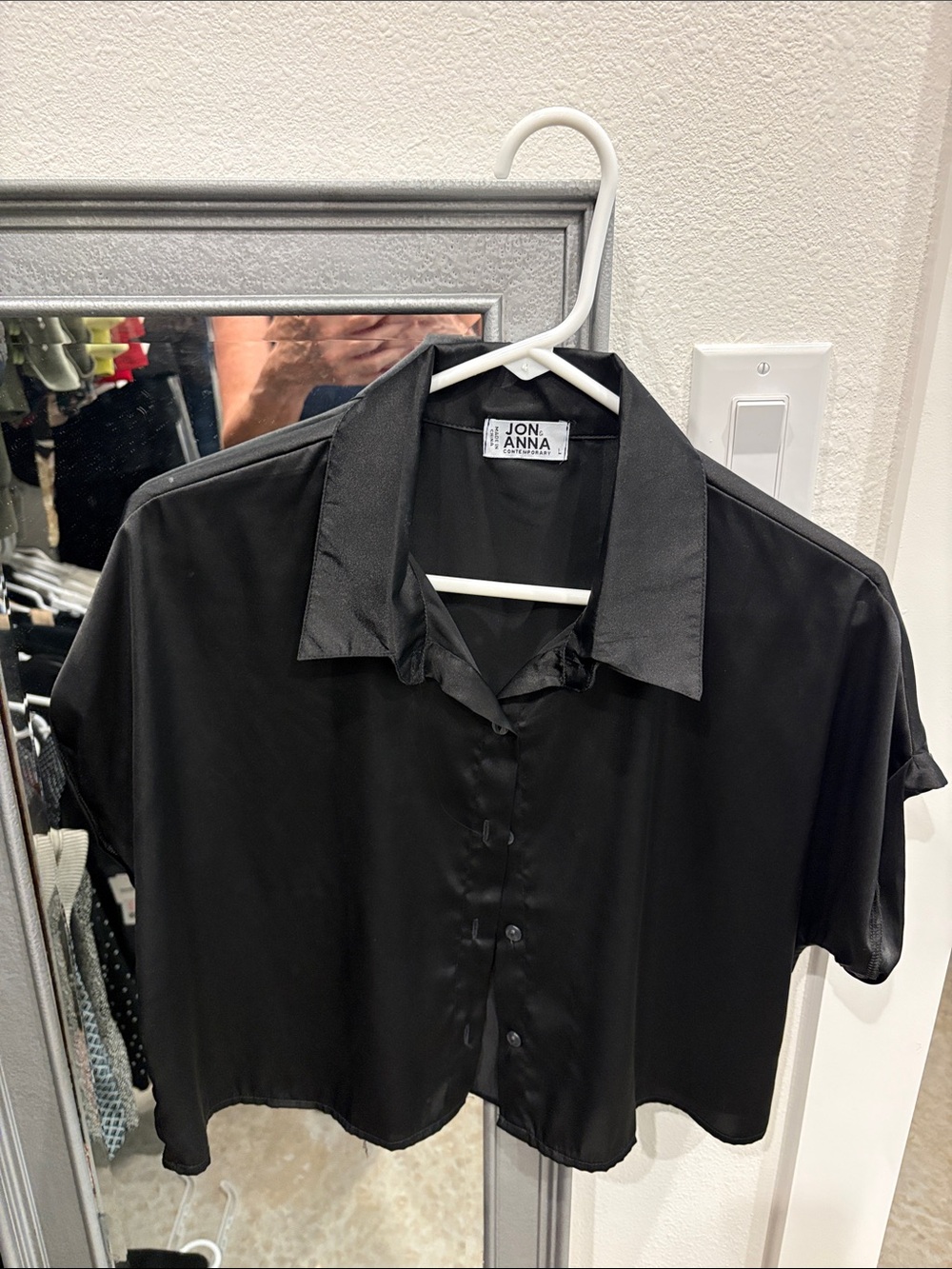 Black Short-Sleeve Satin Button-Down Shirt